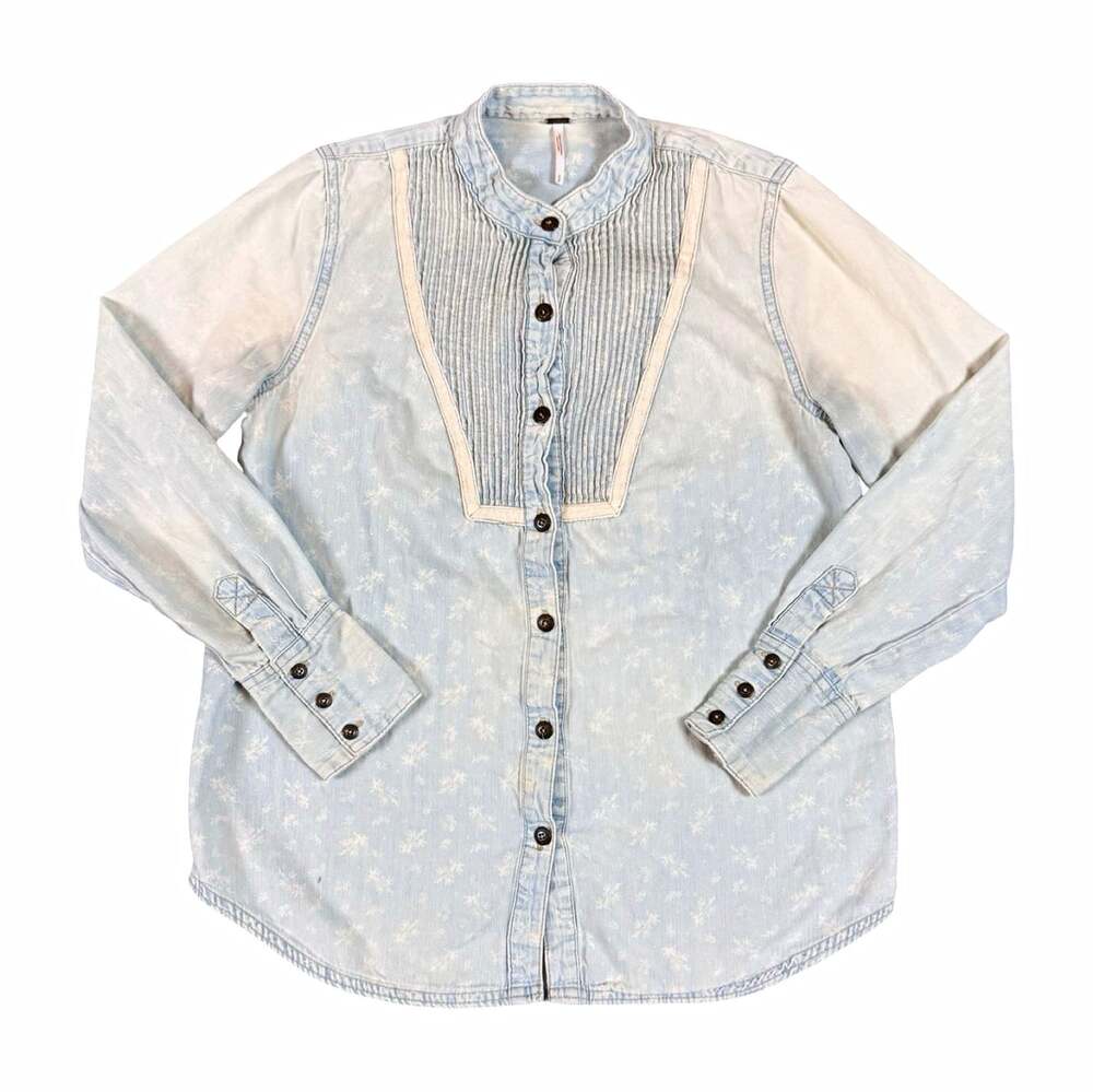 Free People Denim Floral Collared Button-Down Shirt Long Sleeve Cotton Size S